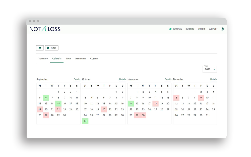 Screenshot of calendar report